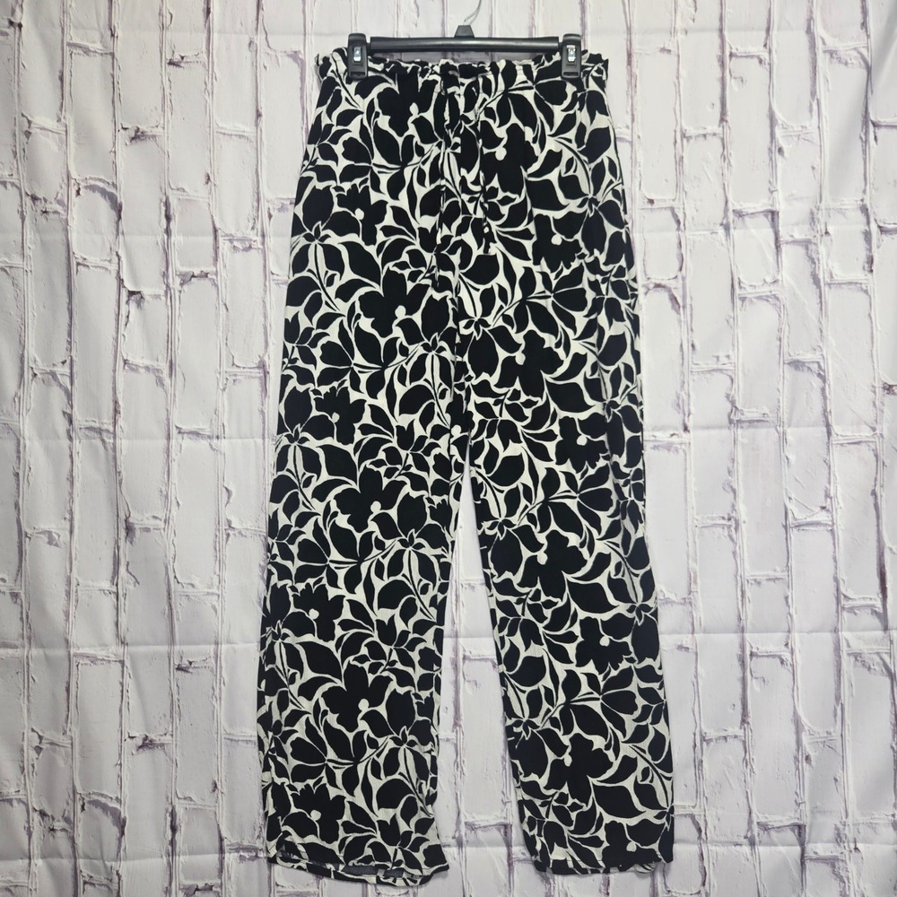 Maurices Womens Black White Floral Wide Leg Rayon Pants Elastic Drawstring M Reg